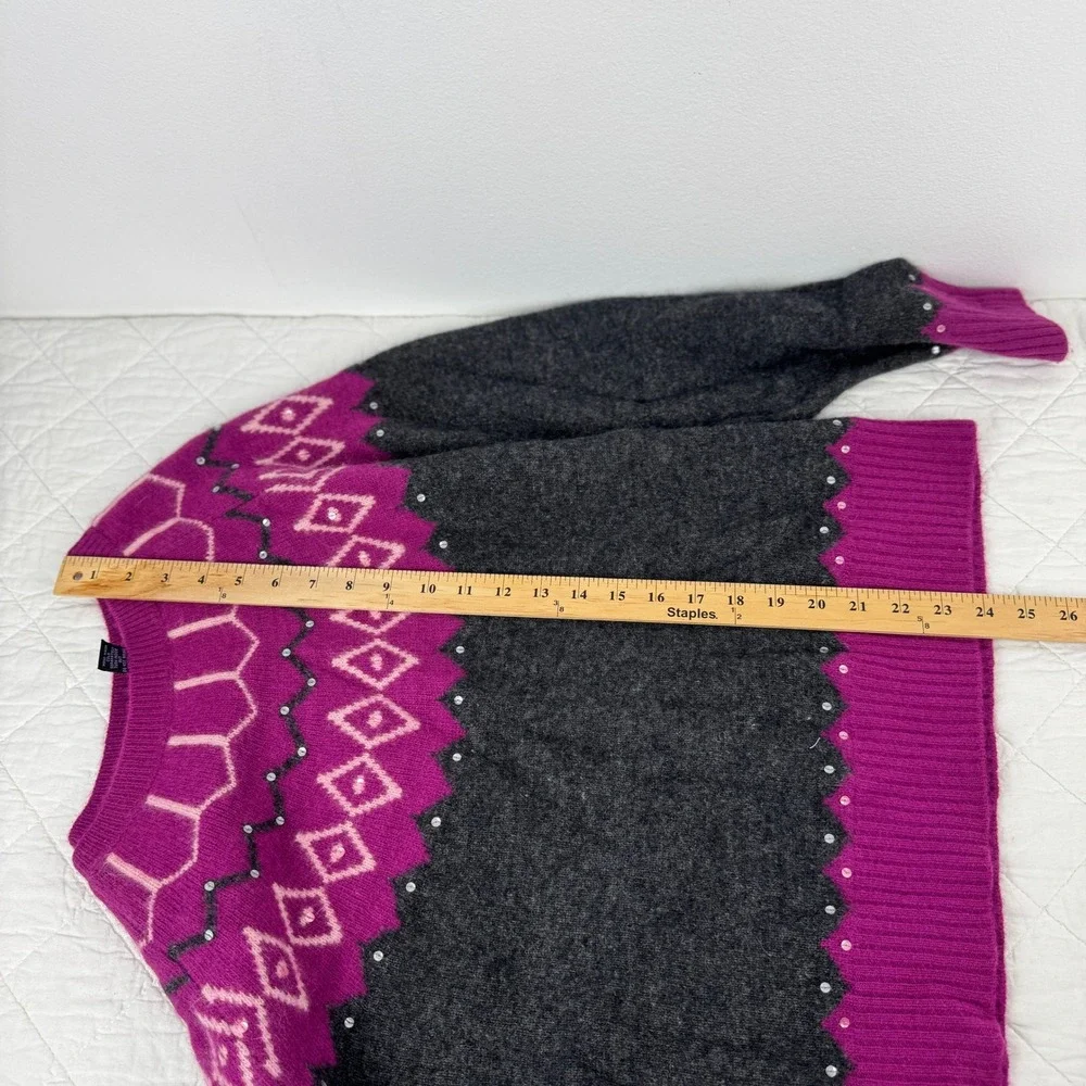 VTG! Context Wool Angora Blend Fair Isle Sequin Sweater Magenta Charcoal Gray XL